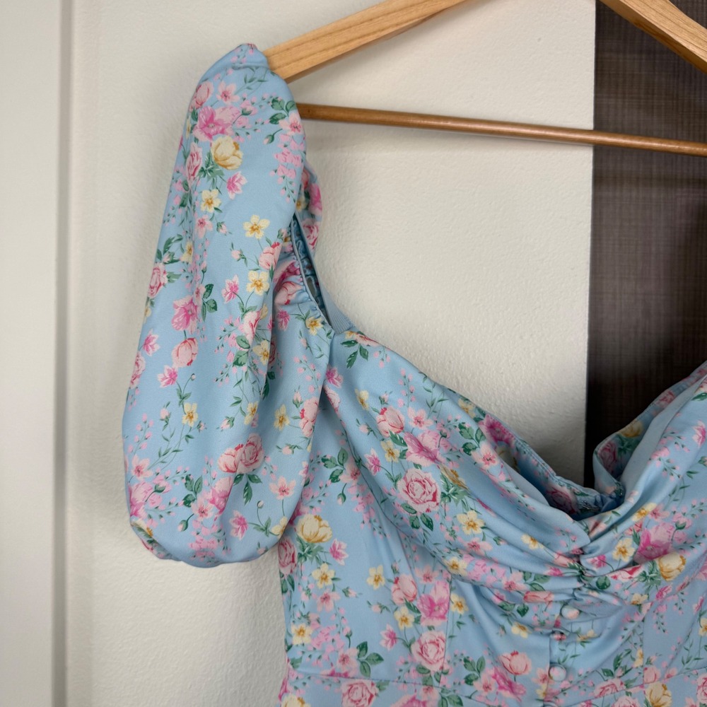 House of CB Blue Floral Aria Mini Sundress Puff Sleeve Size Medium - Picture 8 of 14